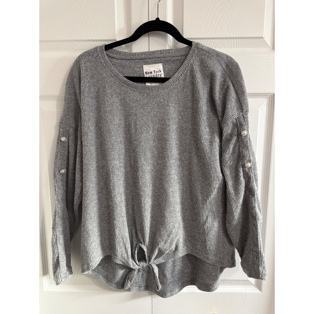 New York Laundry Grey Ribbed Long Sleeve Tie Front Top Pearl Detail Women L